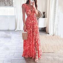Vestido de primavera para mujer con estampado, cuello en V, volantes y abertura lateral. - Rosa - Ver 4