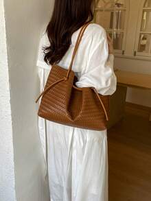 New Fashion Casual Solid Color PU Fabric Woven Embossed Lace-Up Women Tote Bag With Inner Pouch - A - View 4