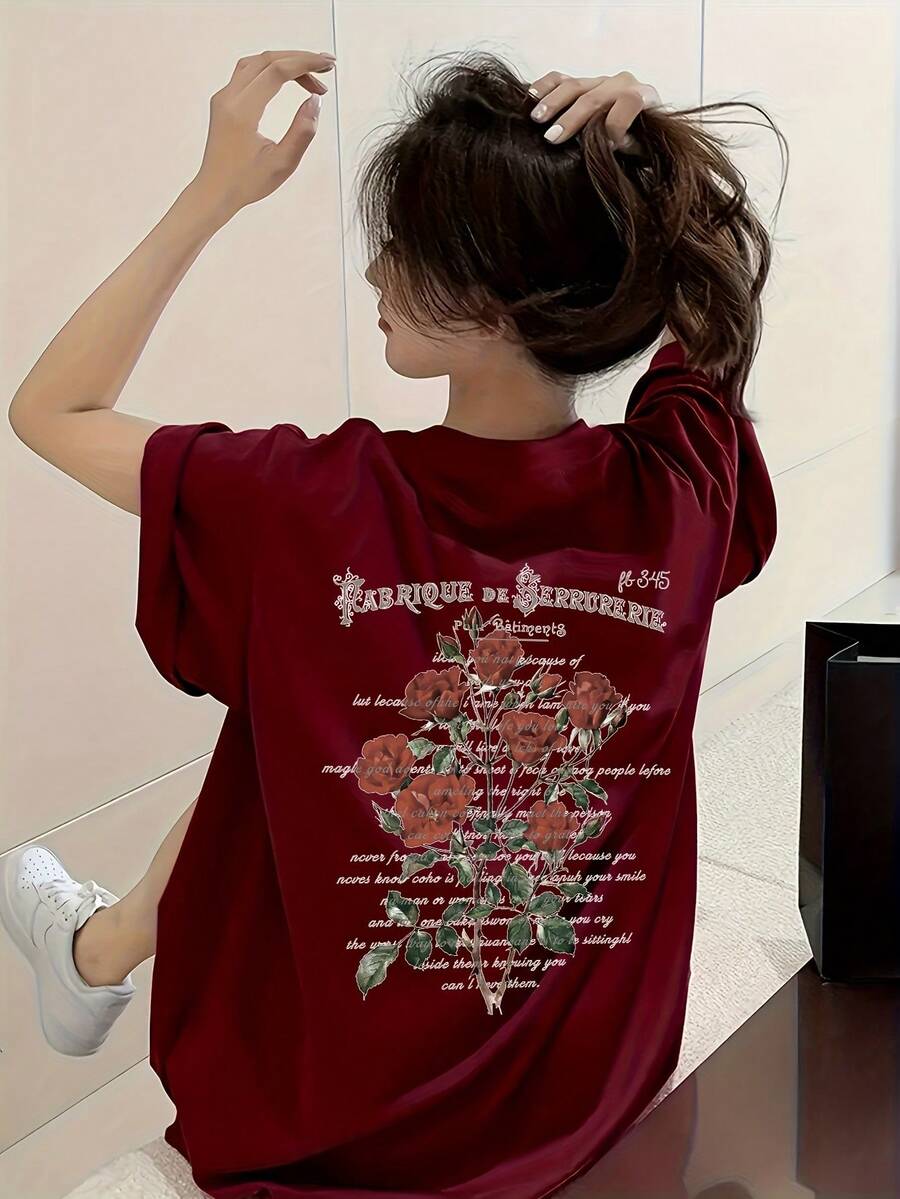 Women's Short-Sleeved T-Shirt, Summer Design, Slim Fit, Cartoon Print, Basic Top.#3333 - Burgundy - View 1