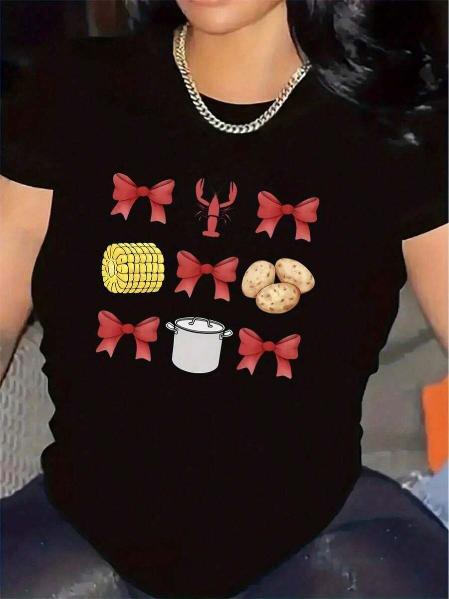 Women's Cotton T-Shirt With Lobster And Seafood Print - Short Sleeve Blouse In Black And White With Red Bow And Crab Pattern, Lightweight Polyester Crew Neck T-Shirt, Suitable For Restaurants, Daily Wear, Lobster Theme Parties, Comfortable And Durable, Machine Washable, Festive Food Design Includes Prints Of Lobster, Corn, Shrimp And Macaroni, Fashionable And Versatile For All Seasons Women's Basic Shirt - 黑色 - 查看 1