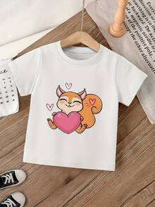 Girls' Casual Short Sleeve T-Shirt - Cute Squirrel And Pink Hearts Design, Soft And Breathable Fabric, Round Neck, Regular Fit, Spring-Summer, Hand Wash, Comfortable And Fun Clothing For Young People, Children's Daily Wear - 白色 - 查看 1