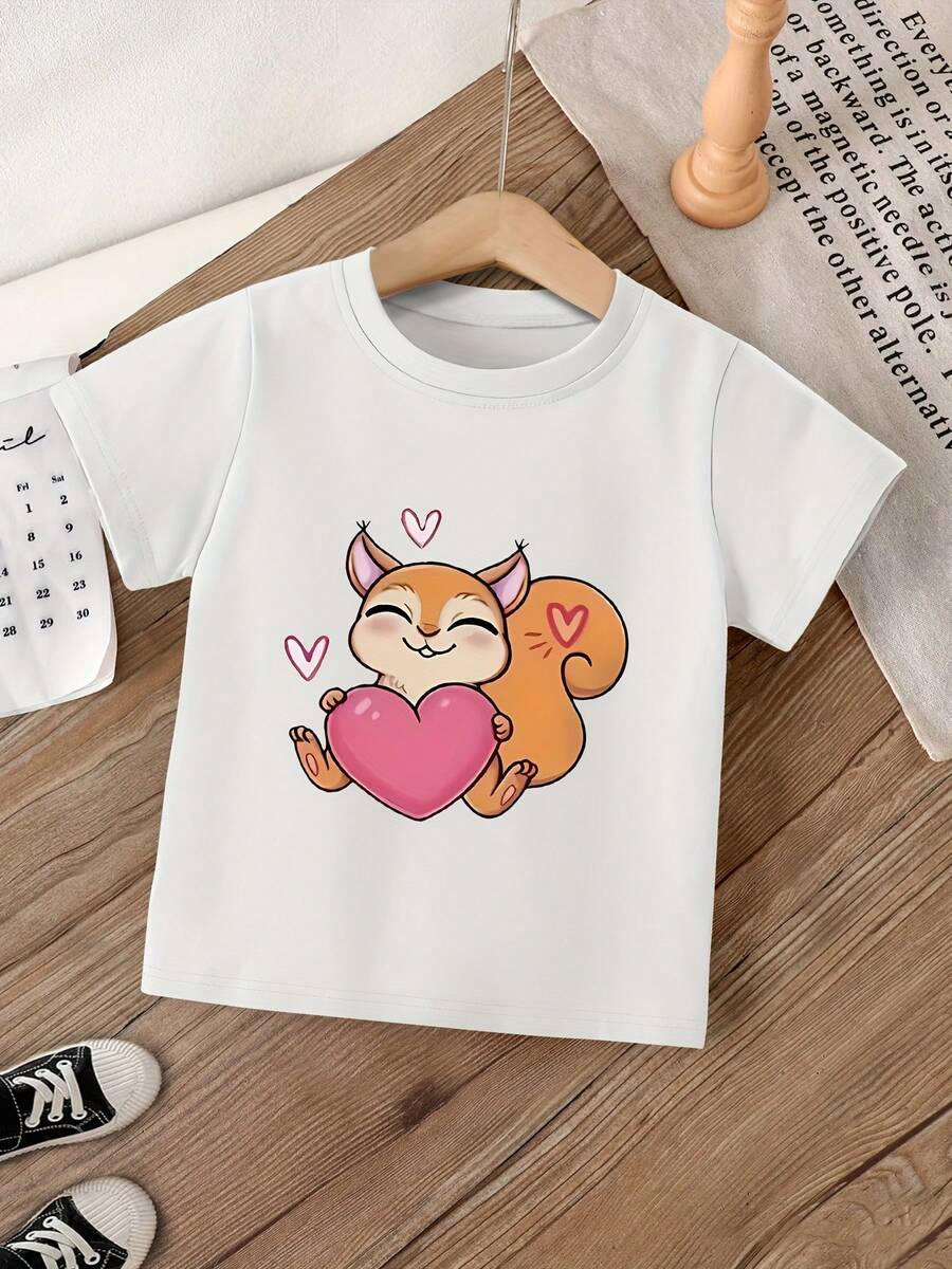 Girls' Casual Short Sleeve T-Shirt - Cute Squirrel And Pink Hearts Design, Soft And Breathable Fabric, Round Neck, Regular Fit, Spring-Summer, Hand Wash, Comfortable And Fun Clothing For Young People, Children's Daily Wear - 白色 - 查看 1