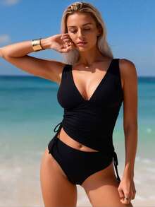 2026 New Women's Tankini Set: Solid Black, Deep V-Neck Wrap Top, Side Cutout, Tie Side Bottoms, Elegant Beach Style - màu đen - Xem 3