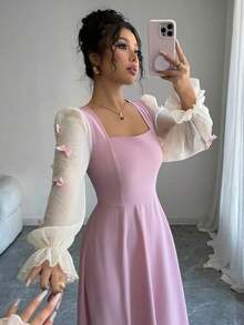 Vestido de mujer con parches tejidos, decoración de lazo y cintura ceñida - Rosa - Ver 5