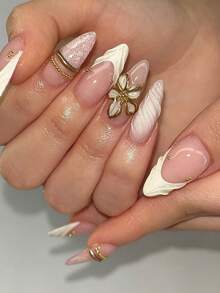Biến hóa móng tay, bộ 24 miếng móng tay giả dán dạng hạnh nhân phong cách Pháp viền vàng, họa tiết hoa ren hồng trắng 3D mạ vàng ombre vân nổi đính hạt vàng, kèm keo dán và dũa móng, phù hợp cho nữ giới đeo hàng ngày, đi tiệc, tụ tập, phụ kiện làm nail nghệ thuật mùa thu - Nhiều màu - Xem 2