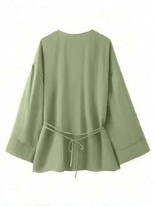 Plus Size Women V-Neck Long Sleeve Tie Front Casual Loose Comfortable Top - Green - View 2