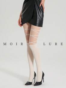 MOIRÉALLURE Meias femininas listradas até a coxa, estilo versátil, clássicas e práticas, ideais para o dia a dia, baladas e outras ocasiões. Meias-calças de jacquard macio e sedoso. - Champagne - Ver 2