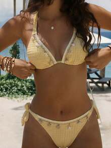 2pcs/Set Women's Ocean Theme Decorative Sexy Casual Bikini Set, Halter Neck Solid Color Swimsuit, Suitable For Beach And Pool, Random Cut - Brown - View 2