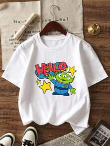 Disney Official Licensed Toy Story Alien Kids Cotton T-Shirt, Ultra Comfort & Super Soft Short Sleeve Tee With Hello & Ooooooh Double-Sided Print, Relaxed Fit Stylish Casual Top For Boys & Girls 4-12 Years, High-Profile & Head-Turning, Daily Versatile, Ideal For Commute, Great For Birthday Gifts, Holiday Gifts & Souvenirs, New Arrival, Express Delivery - White - View 4