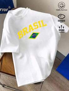 T-Shirt <<BRASIL>> With Brazilian Flag Design, Short-Sleeved Cotton, Y2K Streetwear Style, Ideal For Spring/Summer. - trắng - Xem 3