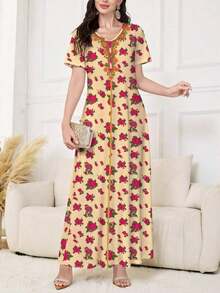 Al Najma Vestido azul marino elegante de mujer con cuello en V, de manga corta, con estampado floral, que se puede usar como prenda exterior o interior/vestido de trabajo, adecuado para citas, vacaciones, uso diario, casual, fiestas, festivales, vestido largo, vestido largo de primavera/verano para mujer, vestido largo fluido, vestido largo floral, vestido azul marino - Amarillo - Ver 3