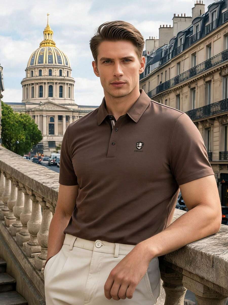 Summer Seamless Cooling Men's Short Sleeve Polo Shirt, Light Business Casual Formal Wear - Coffee Brown - View 1