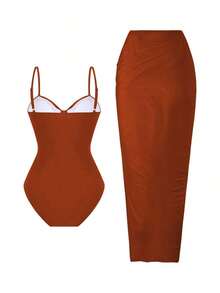 Swim Oasis Set de 2 piezas de vestido largo y traje de baño de una sola pieza con tirantes finos, decoración de estrella de mar y corte alto, unicolor para mujer en verano - Marrón - Ver 3
