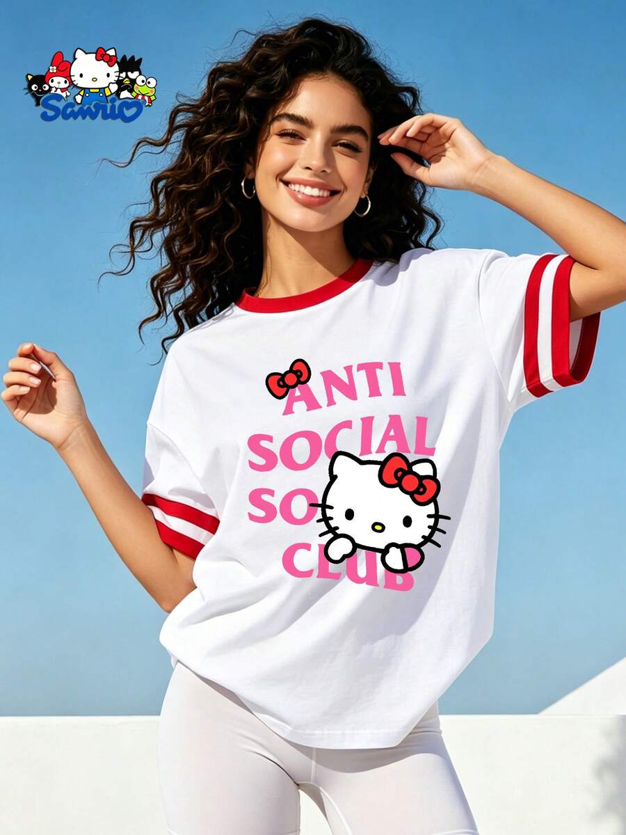 Women's Funny Y2K Sanrio Hello Kitty Anti Social Club Print T-Shirt, Loose Fit Red Trim Crew Neck Short Sleeve Casual Tee For Summer - White - View 1