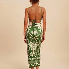 Yunuo Menswear Vestido ajustado sin espalda con estampado tropical casual de vacaciones, conjunto de verano para mujer, atuendo de playa para mujer, vestimenta occidental para mujer, atuendo de concierto para mujer, bohemio, vacaciones tropicales, vestidos bohemios para mujer, vestidos tropicales para mujer, vestidos para mujer, nuevos llegados de vestidos de vacaciones para mujer, atuendos de vacaciones para mujer - Verde - Ver 3