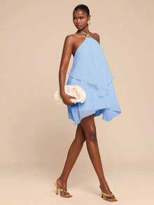 Women's Casual Mini Dress With Spaghetti Straps, Open Back, Ruffles, And An Asymmetrical Hem In A Green Ombré Effect. Perfect For Beach Vacations, Spending Time With Sisters, Or Everyday Wear. A Stylish Green Ombré Mini Dress. - 香檳色 - 查看 4