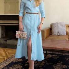 Vestido de manga larga con cuello de camisa elegante para mujer, adecuado para primavera/verano, Día de la Madre, Ramadán, Eid Al-Fitr, uso diario, playa, vacaciones - Azul - Ver 1
