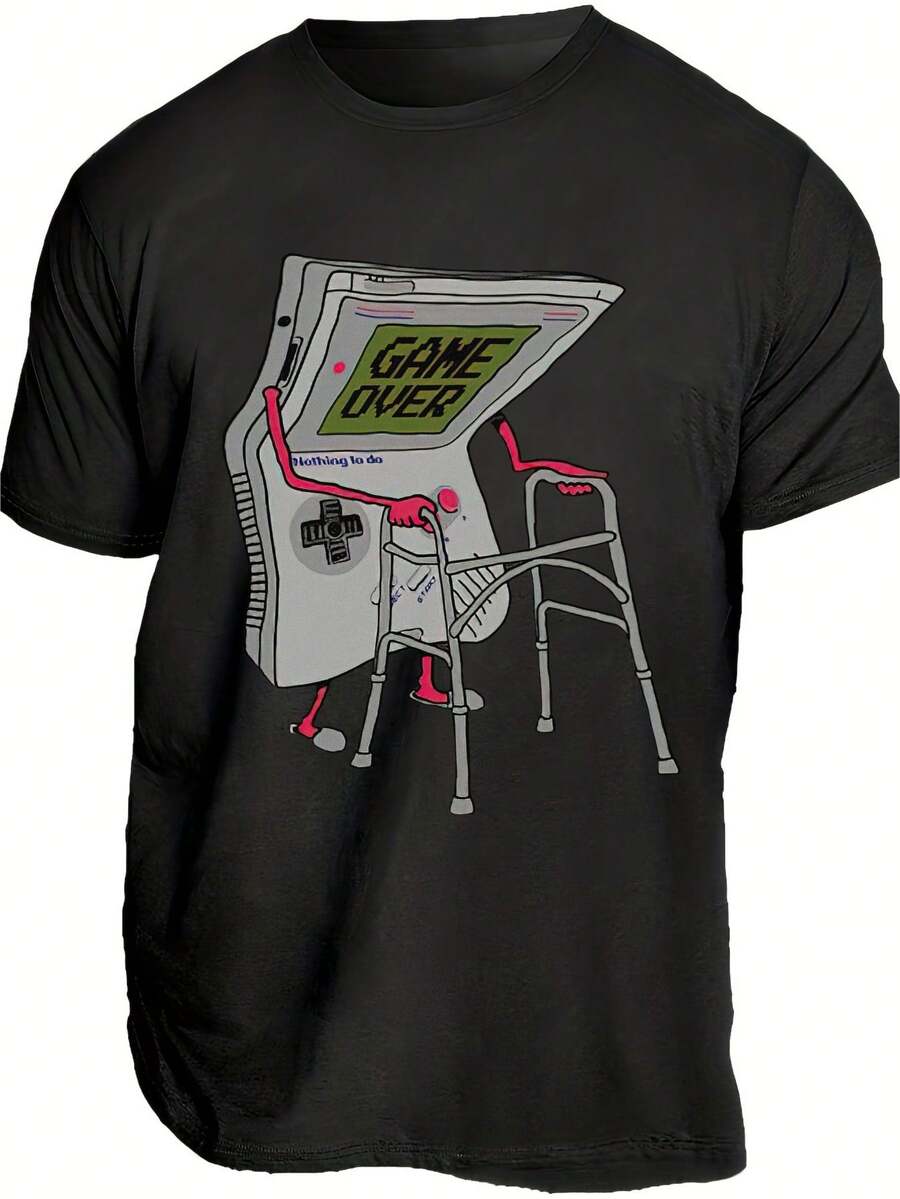 Y2K Super Gamer Men's Casual Fashion T-Shirt, Plus Size Spring-Summer Print, Men's Clothing PLUS SIZE Tee - 黑色 - 查看 1