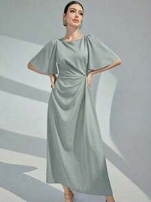 Vestido largo de noche con cuello redondo, volantes y mangas cortas de unicolor para mujer - Verde Gris - Ver 3