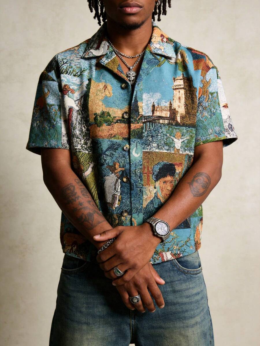 Men's Fashionable Box-Shaped Short Summer Shirt With Random Oil Painting Element Pattern, Oversized Heavyweight Quality Fabric, Special Design, Essential Summer Short Shirt - Blue - View 1