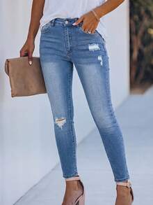 Women's Basic Daily Washed Distressed Slim Fit Denim Jeans Casual - Medium Wash - View 4