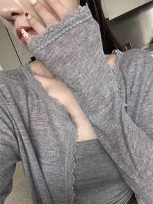 女士春夏新款蕾丝拼接花卉饰边柔软针织开衫轻薄外套 - 淺灰色 - 查看 8