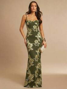 Fitted Strappy Dress With 3D Floral Print - Army Green - View 1
