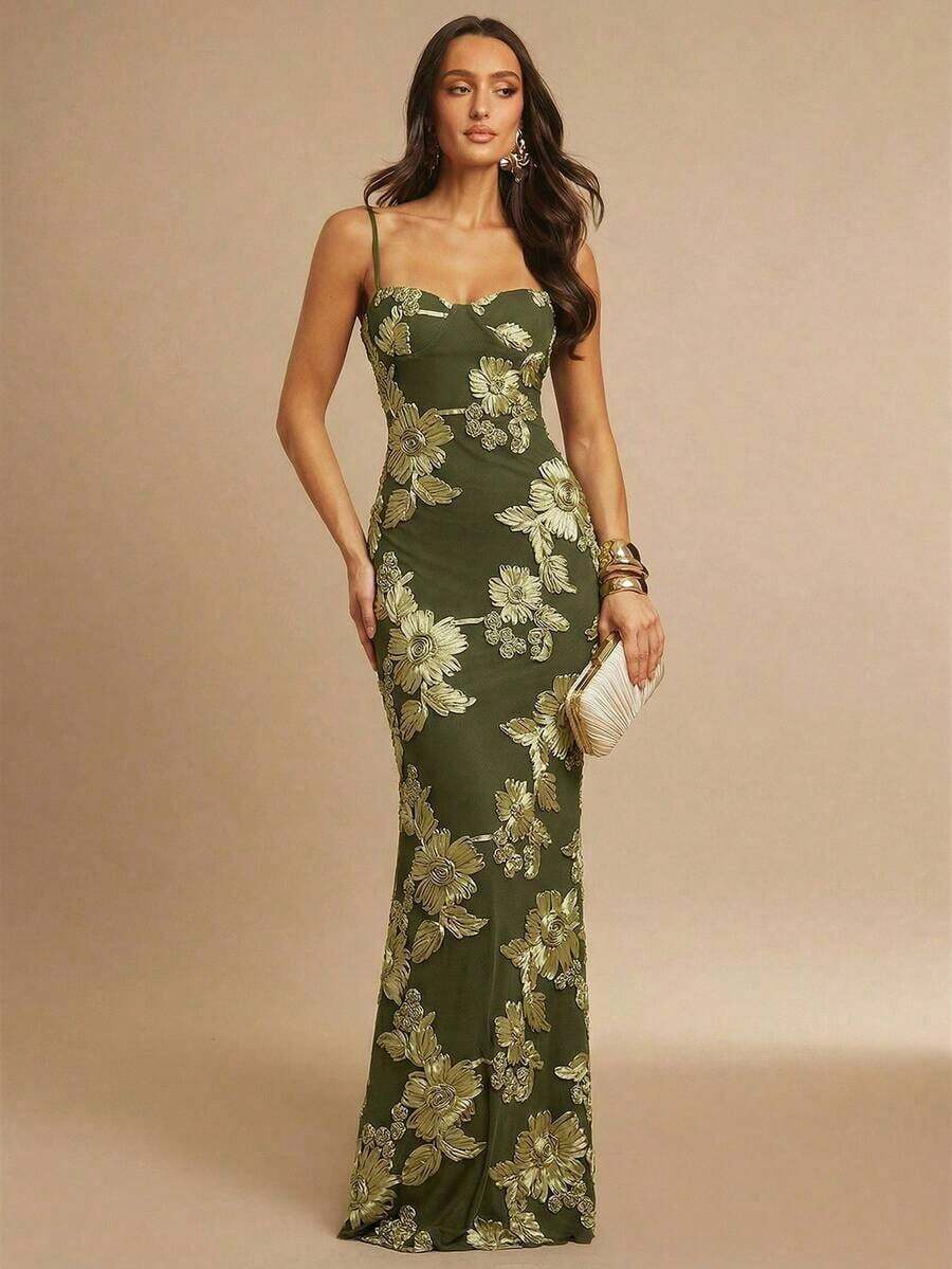 Fitted Strappy Dress With 3D Floral Print - Army Green - View 1