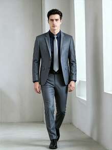 Traje de dos piezas estilo business-casual para hombre; corte entallado (*slim-fit*) ideal para bodas, ocasiones formales y entornos profesionales como entrevistas de trabajo - Gris - Ver 2