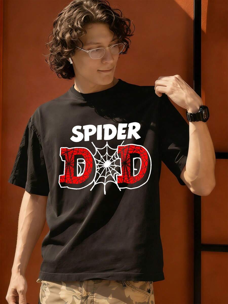 100% Cotton MARVEL Spider Dad Spider-Man Graphic T-Shirt For Men, Father's Day Gift, Summer Streetwear Tee - 黑色 - 查看 1