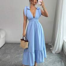Vestido de cuello en V sin mangas con cintura ajustable con cordón, color azul, adecuado para primavera/verano - Celeste - Ver 2