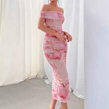 Vestido largo ajustado con hombros descubiertos, estampado floral rosa con malla, romántico para la cita del Día de San Valentín de la mujer - Verde - Ver 6