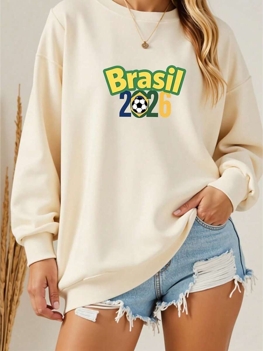 Women's Casual Crew Neck Sweatshirt With Brazil 2026 Football Print, Versatile Long-Sleeved Crew Neck Top, Machine Washable, Suitable For All Seasons, Women's Clothing, Cheapest, World Cup And Elections - Màu be - Xem 1