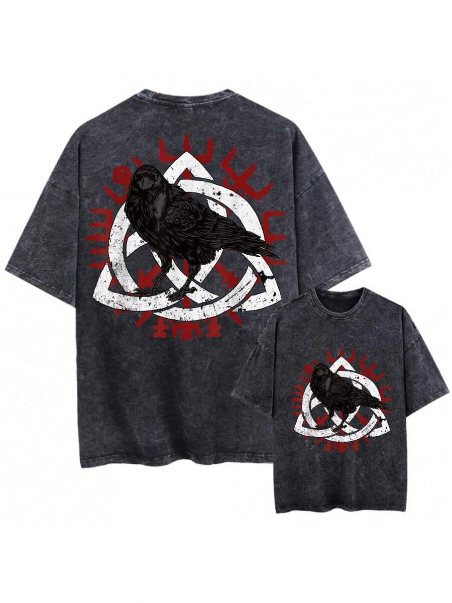Loose Black T-Shirt With Vintage Effect, Unisex Clothing With Print, Three-Line Raven Symbol On Red Background, Viking Raven, Odin Rune, Viking T-Shirt, 100% Pure Cotton, Short Sleeve, Solid Color, Round Neck, Soft Style. - 黑色 - 查看 1