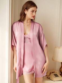 Spring/Summer Women's Lotus Pink Satin Lace Pajama Set, Country Style, Camisole Nightgown + Robe 2-Piece Set, Backless Lace-Up Design, Smooth Skin-Friendly Sexy Loungewear, Ritual Pajamas - Dusty Pink - View 7