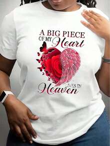 Fashion 1 Piece White T-Shirt With Red Rose Heart And Wings Design A Big Part Of My Heart Lives In Heaven Print For Memorial And Remembrance Occasions G 100% Soft Cotton Women's Simple Solid Color T-Shirt, Loose And Slim Fit Casual Short Sleeve - 白色 - 查看 11