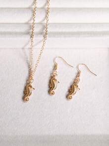 1 Set Minimalist Fashionable Seahorse Pendant Necklace & Earrings, Adjustable Chain Elegant Clavicle Necklace - Necklace Earrings - View 3