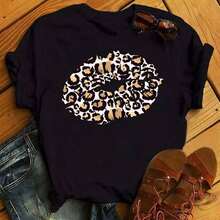 New Women's T-Shirt With Pink Lips And Leopard Print, Casual Style, Round Neck, Sexy, Black, With Kiss Design, Fun, For Girls, Dropshipping - 紅色 - 查看 4