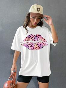 Y2K - Women's T-Shirts With Lip Print, Round Neck, Short Sleeve, Loose Fit And Versatile Shirt - 白豹唇 - 查看 5