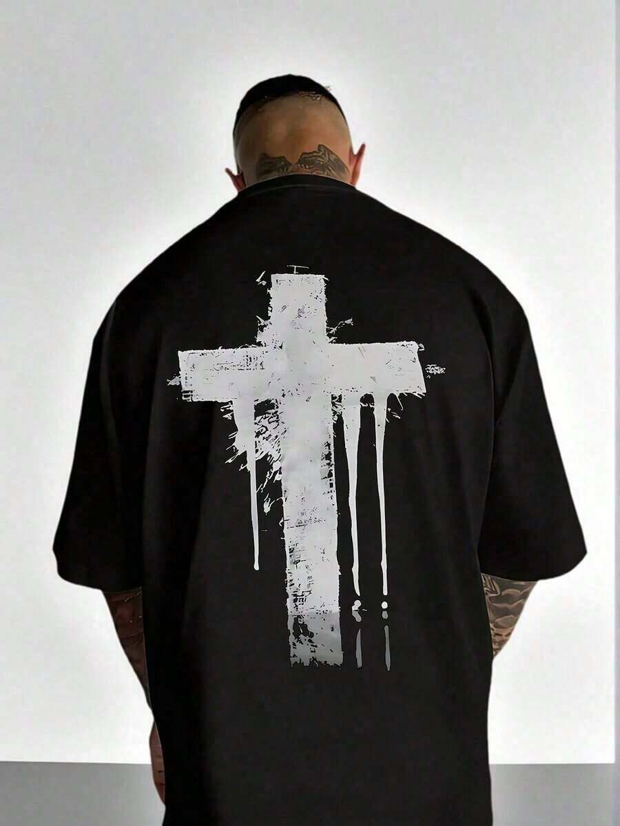 Zrgoth Men's Casual And Versatile Short Sleeve T-Shirt With Simple Cross Print - 黑色 - 查看 1