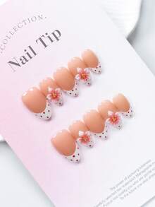 10 Pieces Of Almond Shaped Handmade White French Border Red Polka Dot Three-Dimensional Flower Blending Daily Nude Color Exquisite Cute Minimalist Style High-End Handmade Fake Nails - Multicolor - View 3