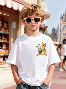 Disney Zootopia Judy And Nick Fox Nick Double-Sided Printed Summer Boys' Casual Cotton Round Neck Short Sleeved T-Shirt, Suitable For Daily Wear, Travel And Sports, Comfortable And Breathable, Fashionable And Multifunctional, Is The Perfect Gift For Children. - 白色 - 查看 2