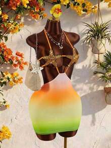 Nuevo vestido mini semitransparente con parches de estrellas para mujer - Multicolor - Ver 3