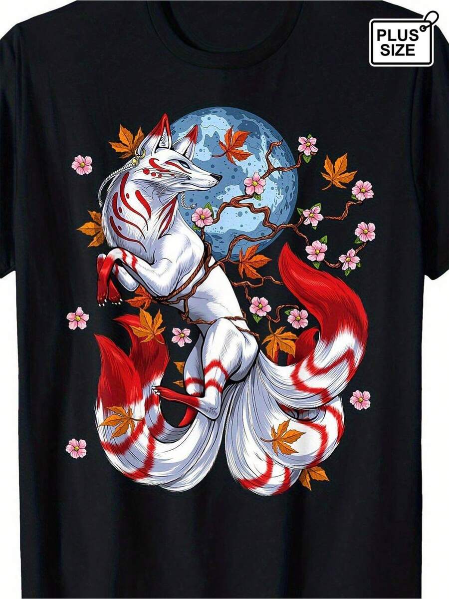 Camiseta Negra de Talla Grande para Hombre Hecha de Puro Algodón con un Diseño Casual que presenta un Estampado de Zorro Japonés de Nueve Colas y Flores de Cerezo, Perfecta para Cualquier Temporada con un Gráfico Brillante de Zorro y Luna, Talla Grande - Negro - Ver 1