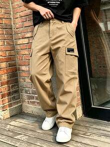 Modcrash Men's Solid Color Flap Pocket Side Buckle Waist Casual Cargo Pants, Daily Wear, Spring Versatile, Minimalist Men's Street Style Cargo Pants - Khaki - View 11