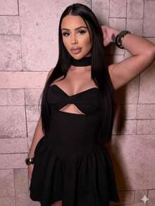Women's Short Dress With Choker Neckline And Structured Corset For Parties - 黑色 - 查看 2