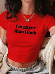 I'm Gayer Than I Look LGBTQ+ Pride Crop Top - Short Sleeve Fitted T-Shirt, Comfortable Casual/Daily/Party Wear, Soft - 紅色 - 查看 10