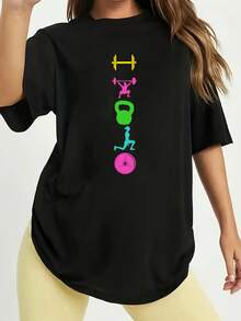 Mujer 002|Entrega desde la localidad|1cp|Serie de ropa de fitness para mujer camiseta gráfica con estampado de colores de pesas y equipo de ejercicio cuello redondo de manga corta para primavera/verano ropa de fitness |   Camiseta con estampado juguetón |   Tejido de poliéster - Negro - Ver 6