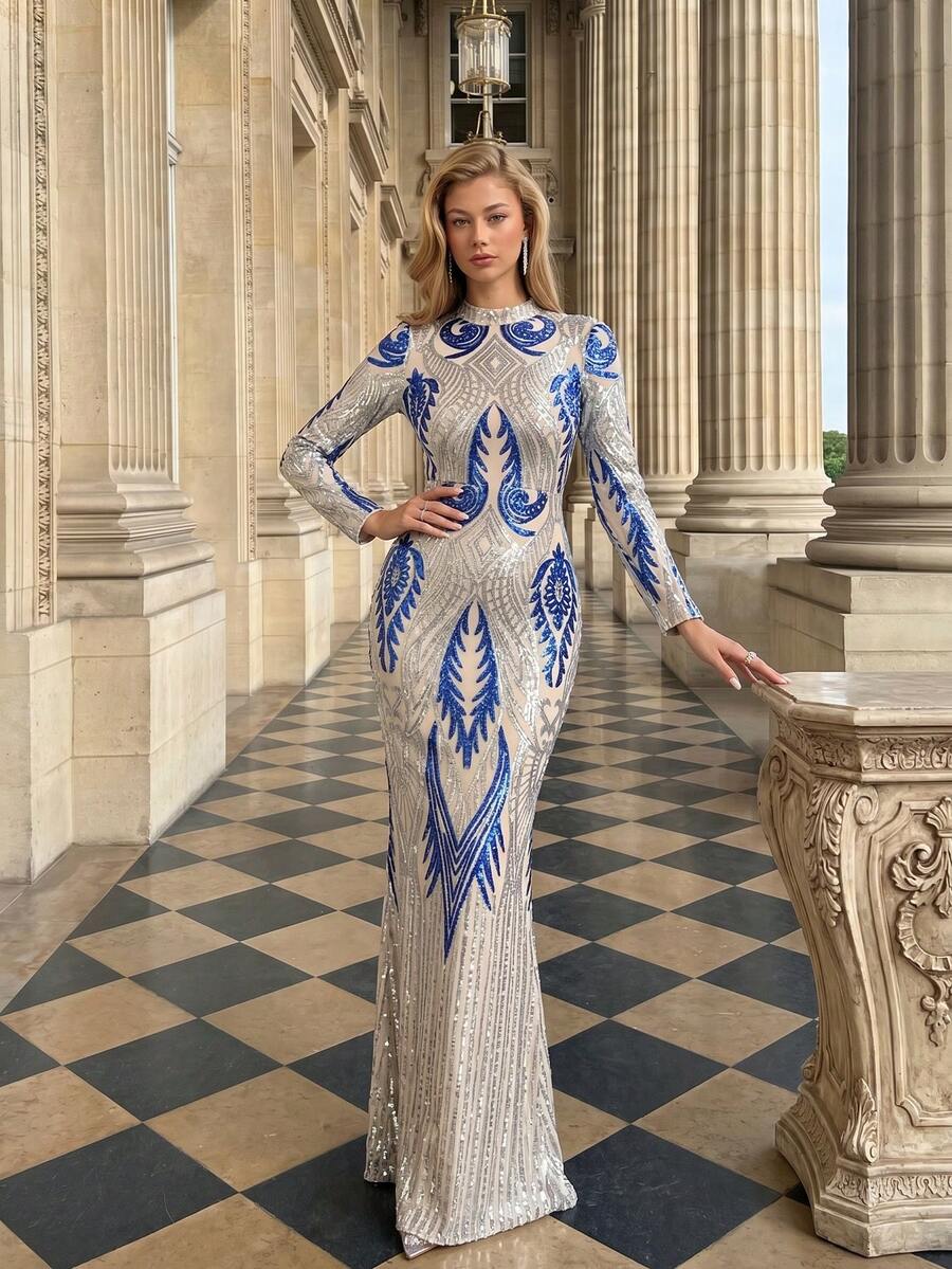 Elegant Stand Collar Long Sleeve Women's Blue & Silver Sequin Patchwork ...