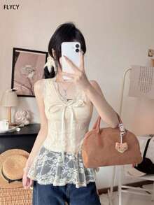 [FLYCY]Summer New Arrival Pure Sexy V-Neck Lace Frill Tank Top For Women - Integrated Padded Slim Sleeveless Top - Sweet, Cute, Casual, Fashionable, Versatile, Comfortable, Suitable For Everyday Wear, Commuting, And School - Yellow - View 4